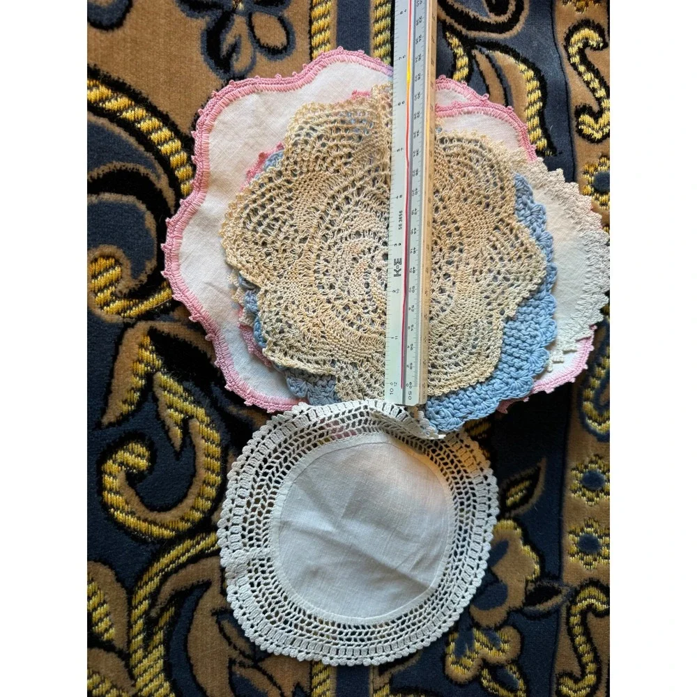 Vintage Linen Doilies Crochet Lace Edging Pastel Pink Blue Cream Set Cottagecore